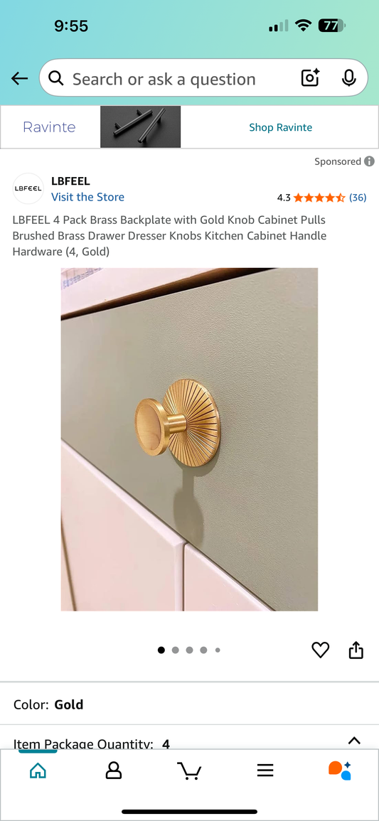 LBFEEL 4 Pack Brass Backplate with Gold Knob Cabinet Pulls Brushed Brass Drawer Dresser Knobs Kitchen Cabinet Handle Hardware (4, Gold)