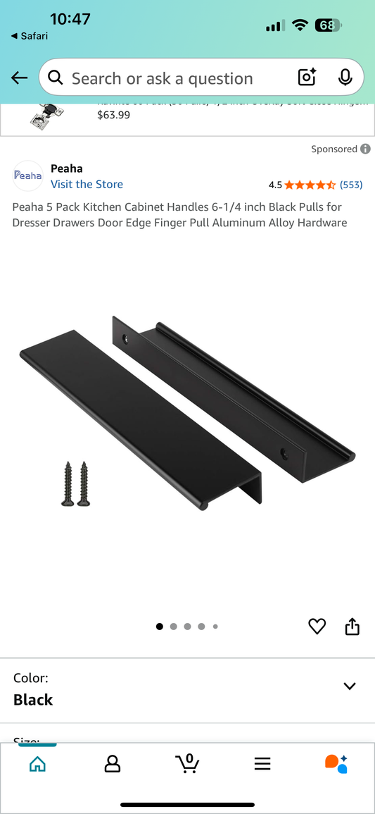 Peaha 5 Pack Kitchen Cabinet Handles 6-1/4 inch Black Pulls for Dresser Drawers Door Edge Finger Pull Aluminum Alloy Hardware