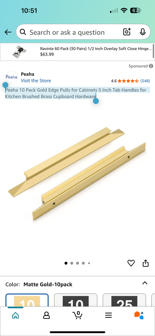 Peaha 10 Pack Gold Edge Pulls for Cabinets 5 Inch Tab Handles for Kitchen Brushed Brass Cupboard Hardware