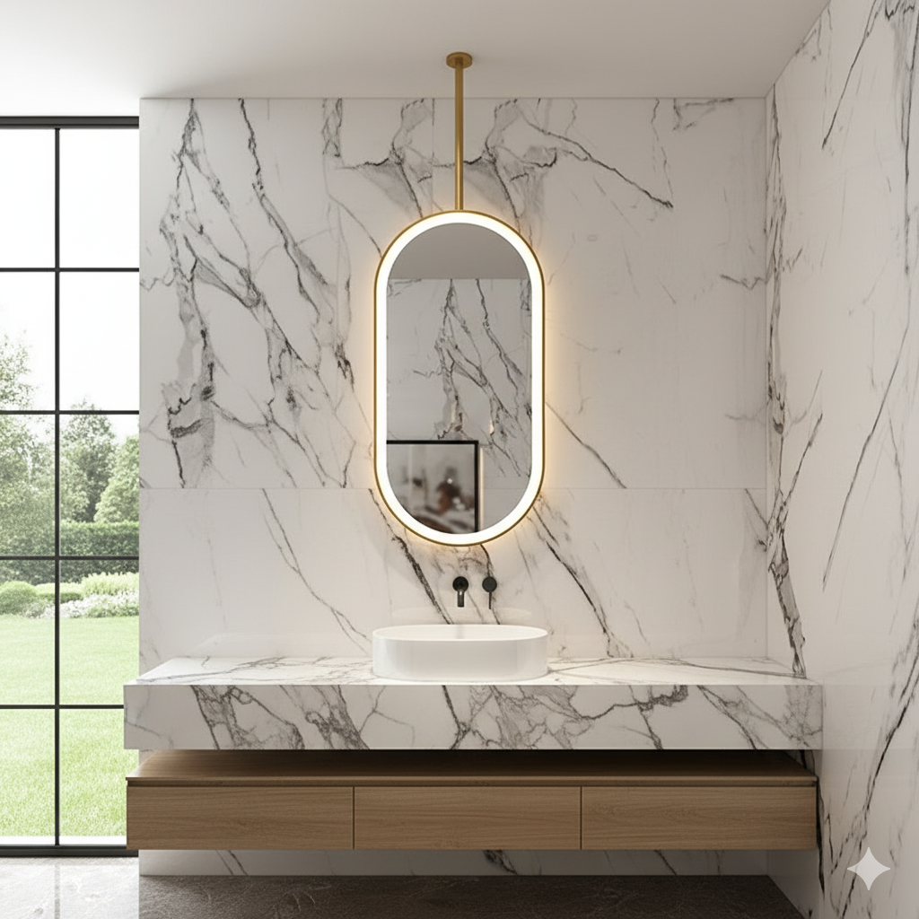 SPH Designs 48" H x 25.5" W Modern Suspended Ceiling Aluminum Framed Bathroom Wall Mirror with LED Lighting