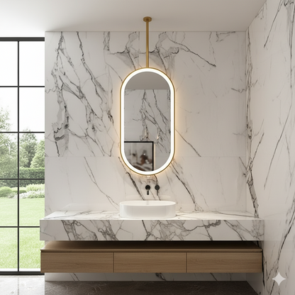 SPH Designs 48" H x 25.5" W Modern Suspended Ceiling Aluminum Framed Bathroom Wall Mirror with LED Lighting