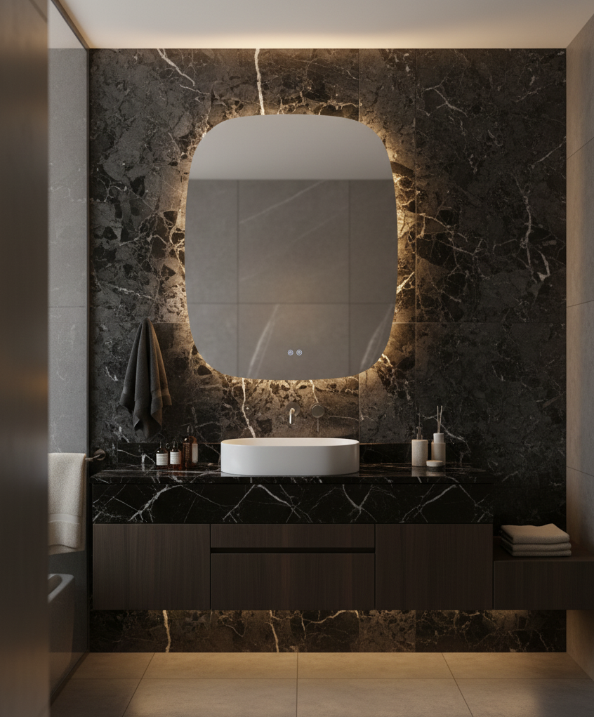 SPH Designs 43" H x 31" W Modern Aluminum Frameless Bathroom Wall Mirror with Light